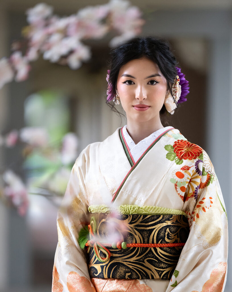 Elegant portrait of a young woman in furisode kimono during her seijin celebration in Los Angeles